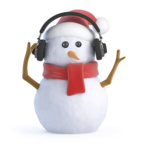 3d Snowman listens on headphones