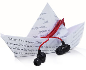 Graphic showing a paper hat made from a book page with earbuds draped over it
