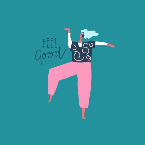 woman with headphones on dancing words say "Feel Good"